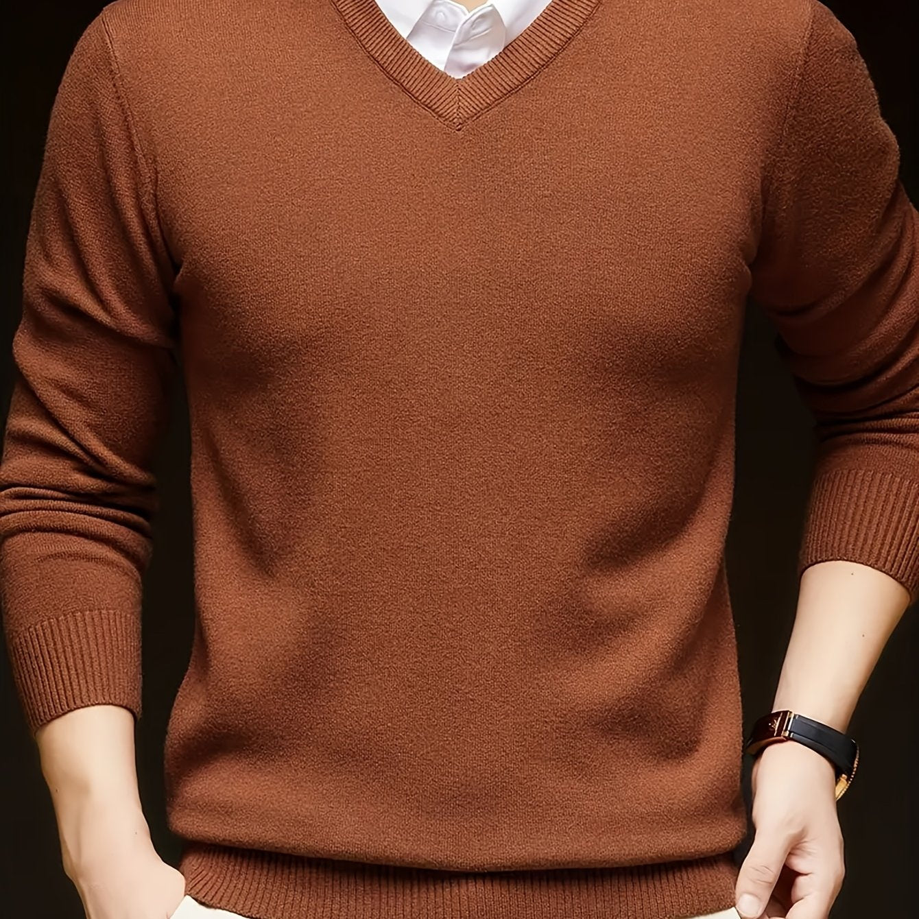 Men's Solid Color V-Neck Knit Sweater Long Sleeve Casual Pullover