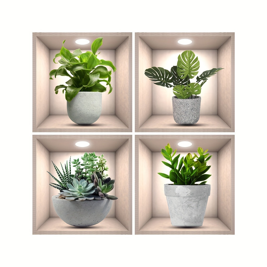Set of 4 Green Potted Plant Wall Decals Waterproof Removable PVC Stickers for Home Office Room