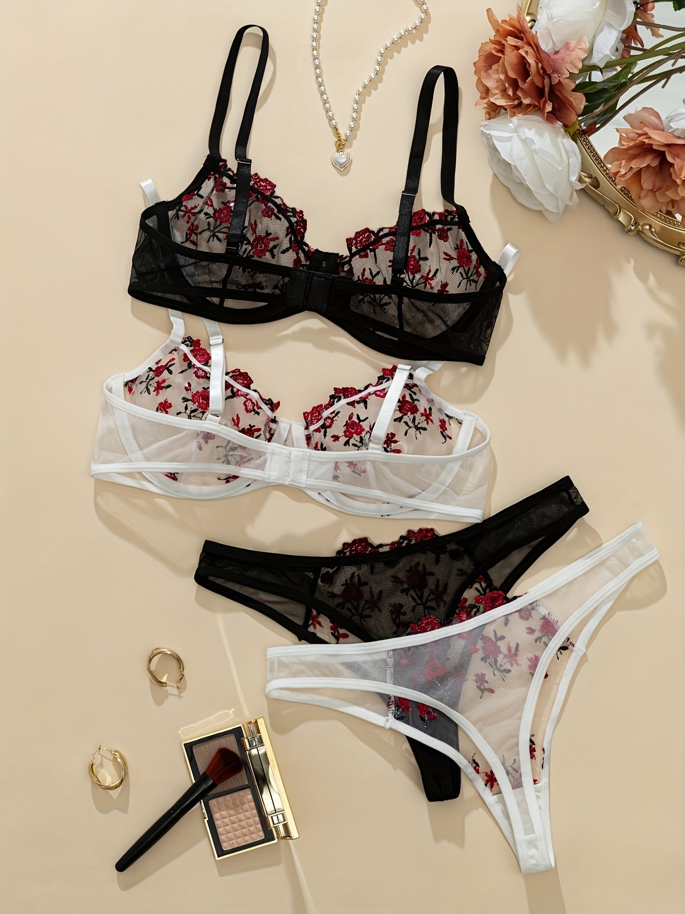 Women's Lace Lingerie Set with Flower Embroidery Mesh See-Through Bra and Thong