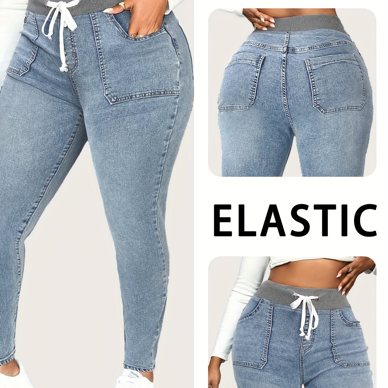 Men's Denim Jeans Slim Fit Wide Ribbed Wide Waistband Casual Stylish