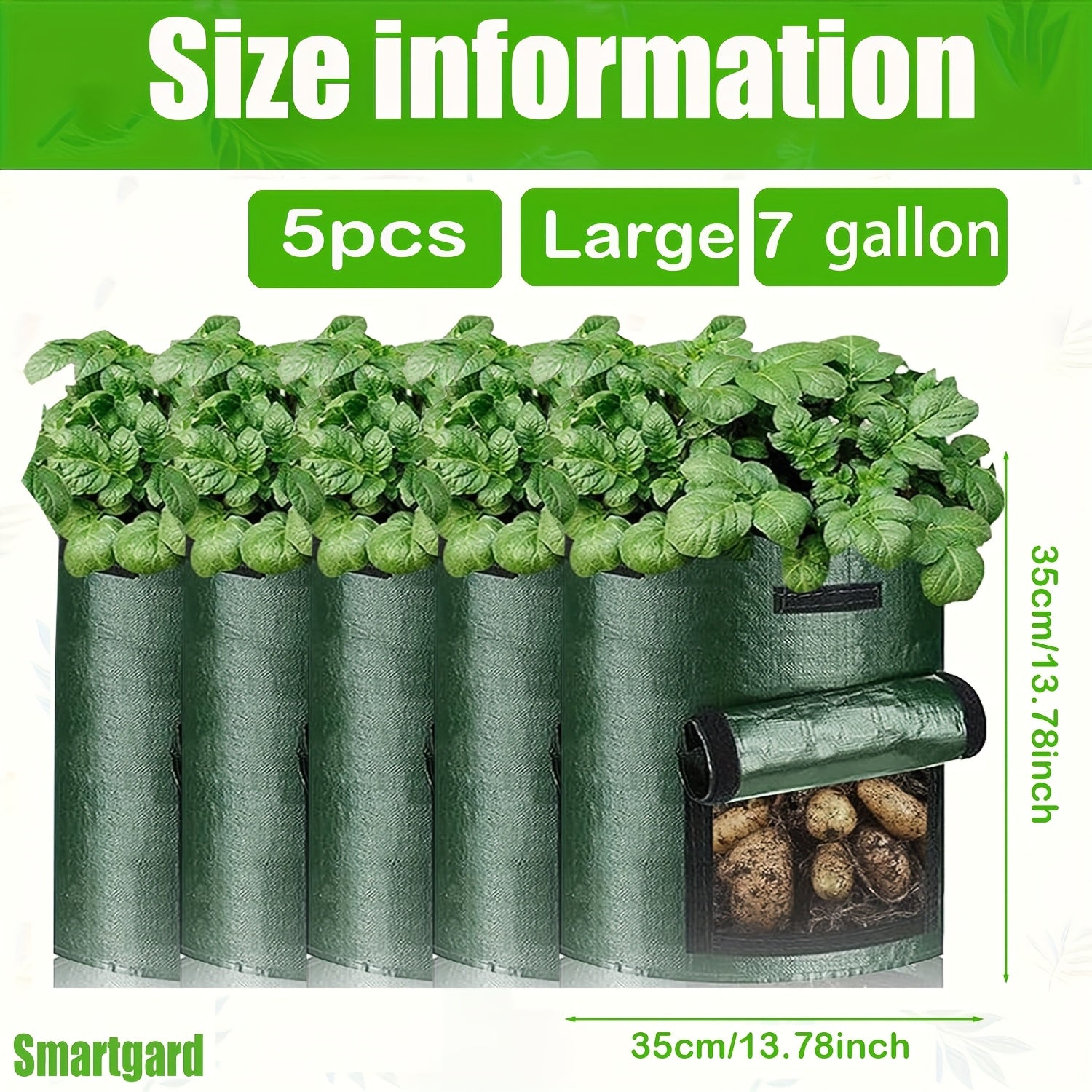 5pcs Green 7-Gallon Fabric Grow Bags with Handles for Outdoor Vegetable Gardening