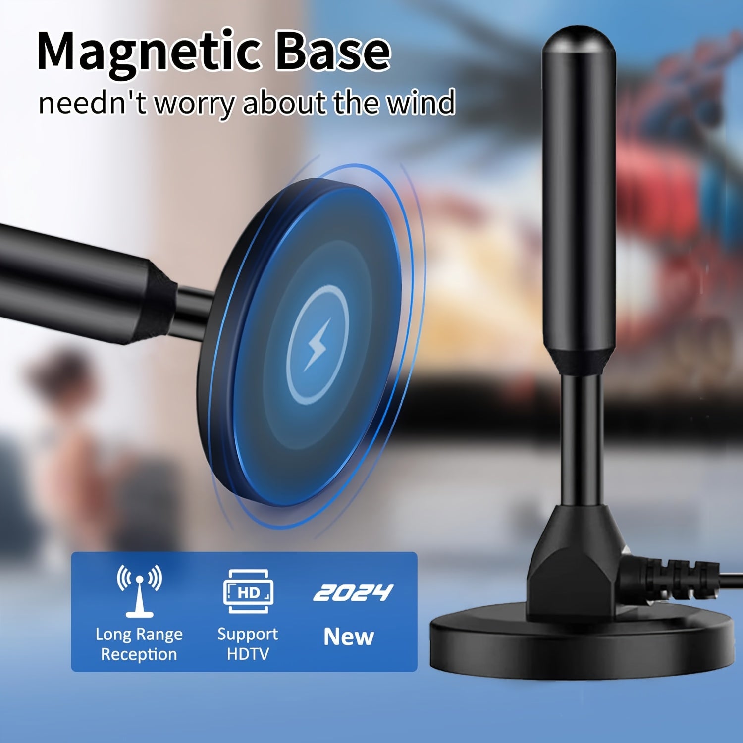 Indoor Digital TV Antenna 2025 Upgraded Magnetic Base 360° Long-Range Reception