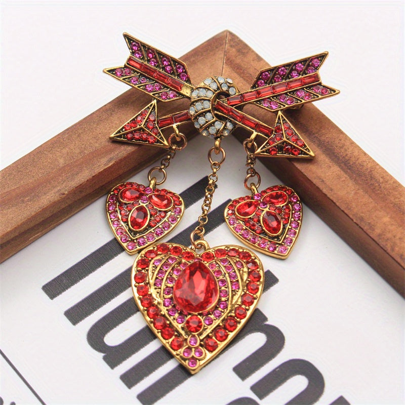 Rhinestone Enamel Heart Brooch with Fringe and Love Arrow Pin for Women