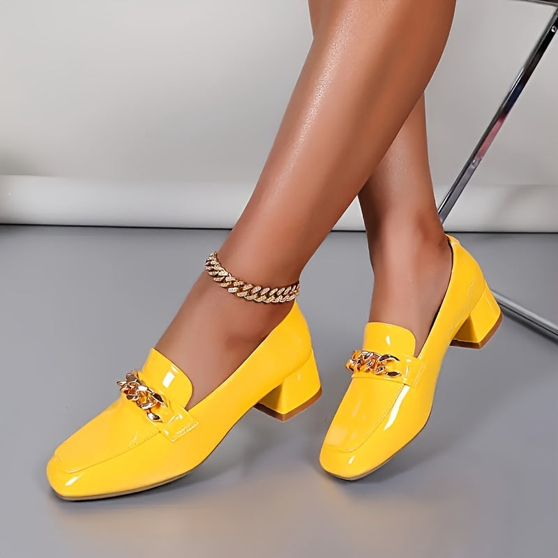 Women's Chunky Heeled Pumps with Square Toe and Slip-On Design