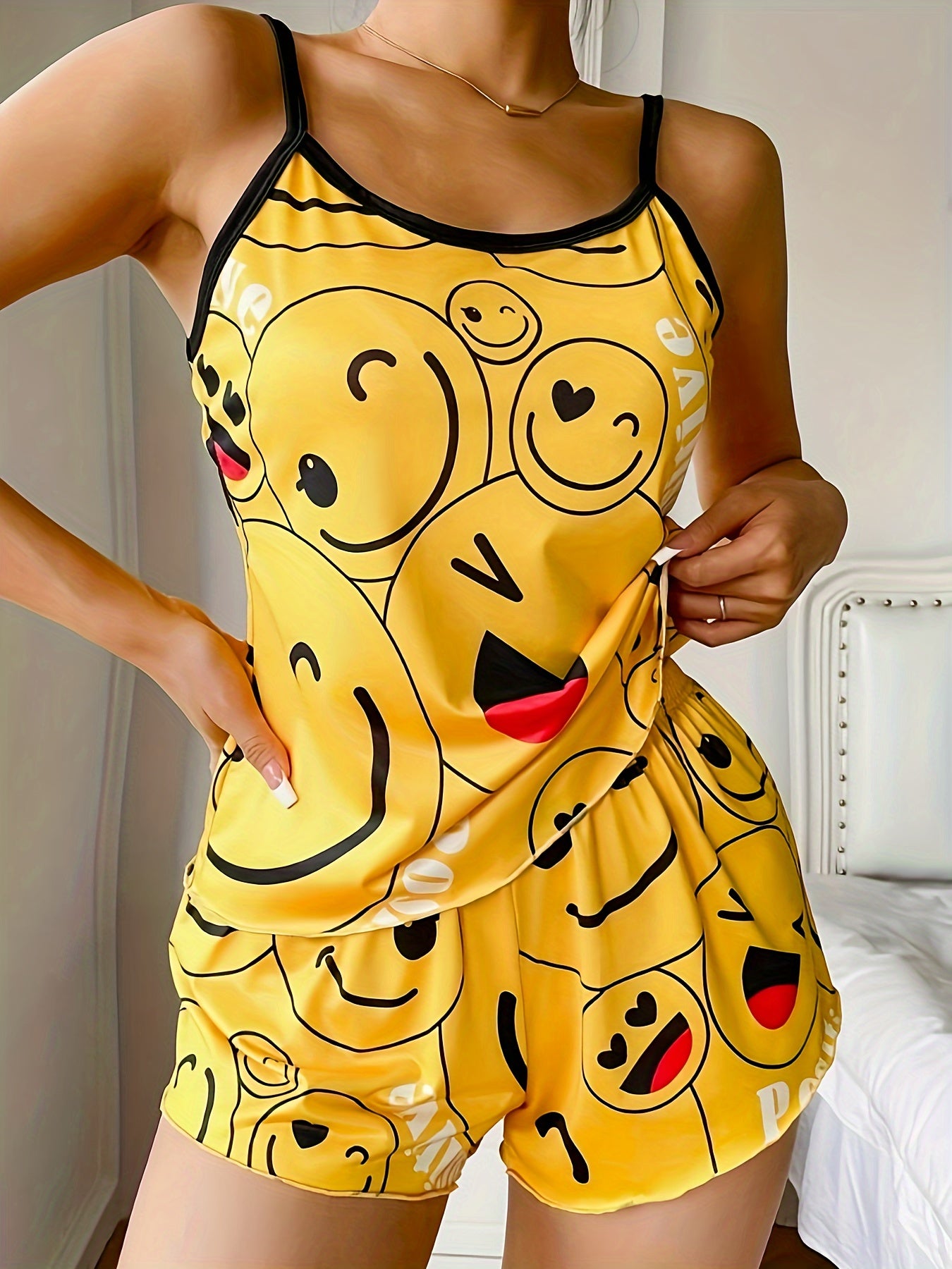 Women's Smiling Face Print Pajama Set with Frill Trim Backless Cami Top and Elastic Shorts