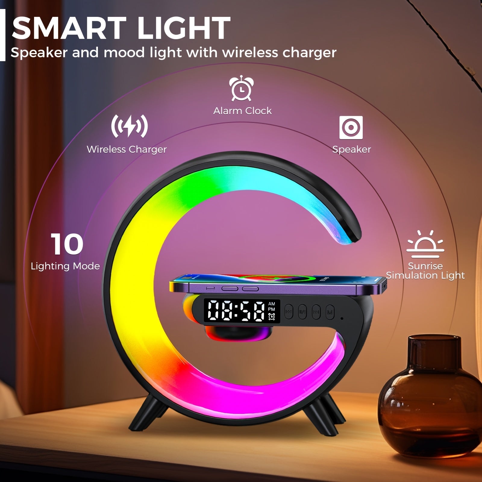 Smart Table Lamp with Wireless Charging Bluetooth Speaker Alarm Clock Night Light Adjustable Light Decor