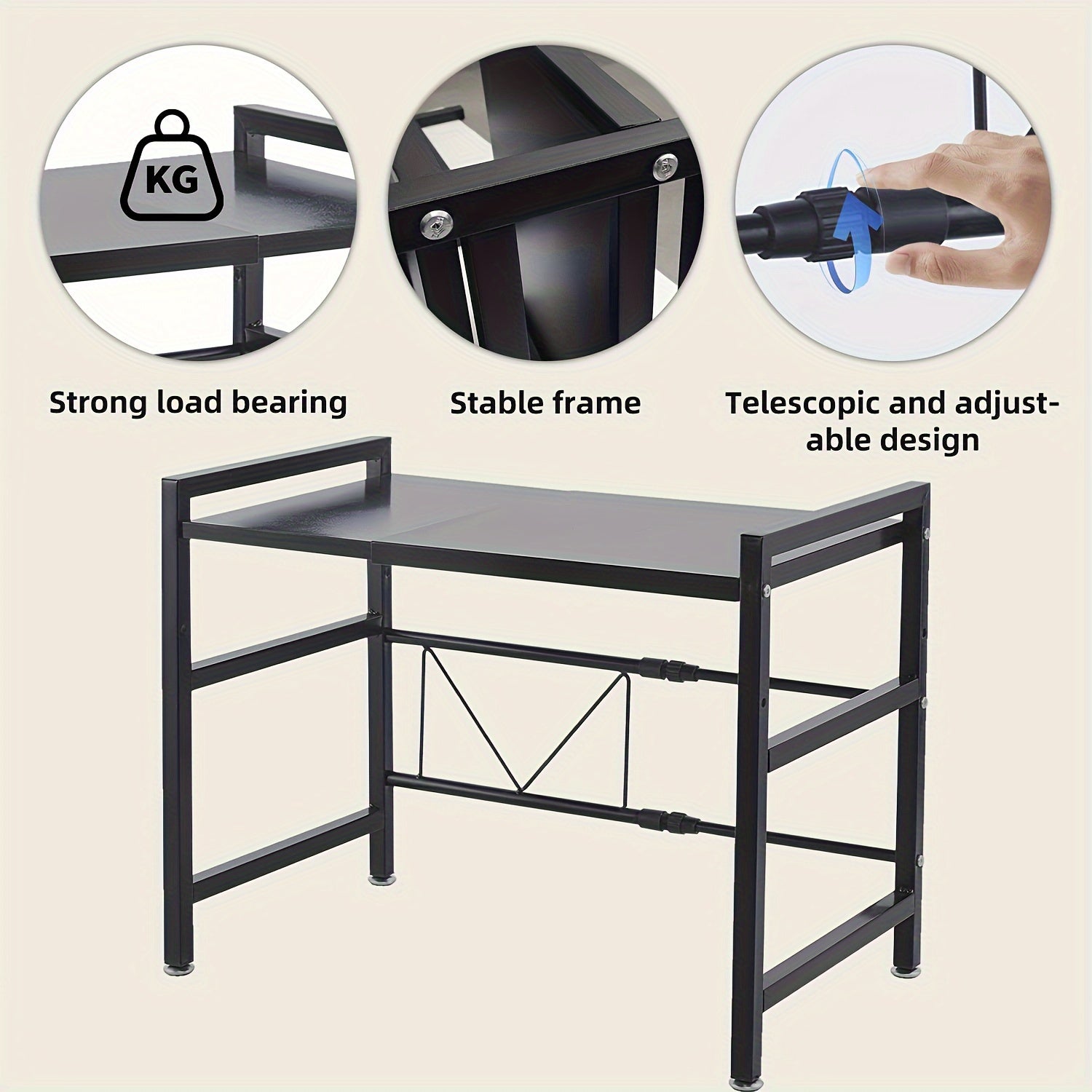 Estante expandible para horno microondas negro con estante de cocina y ganchos