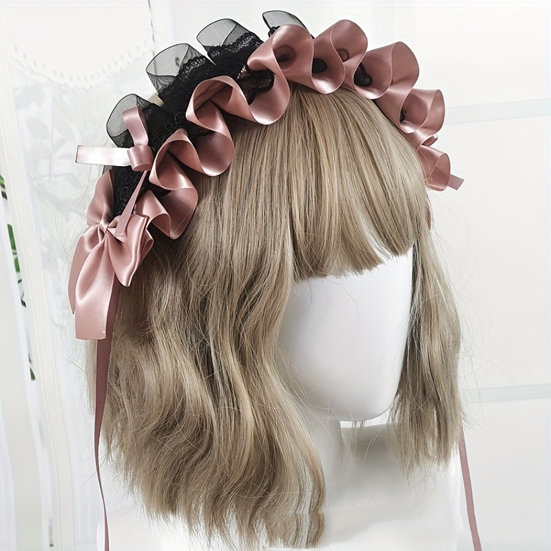 Ruffled Lace Ribbon Bow Headband with Hairpins for Girls in Contrasting Colors