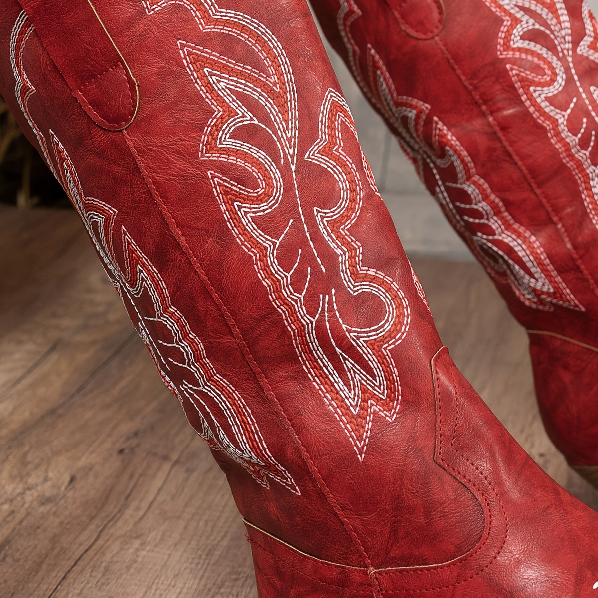Women's Western Cowboy Boots Mid-Calf Embroidered Solid Color Slip-On