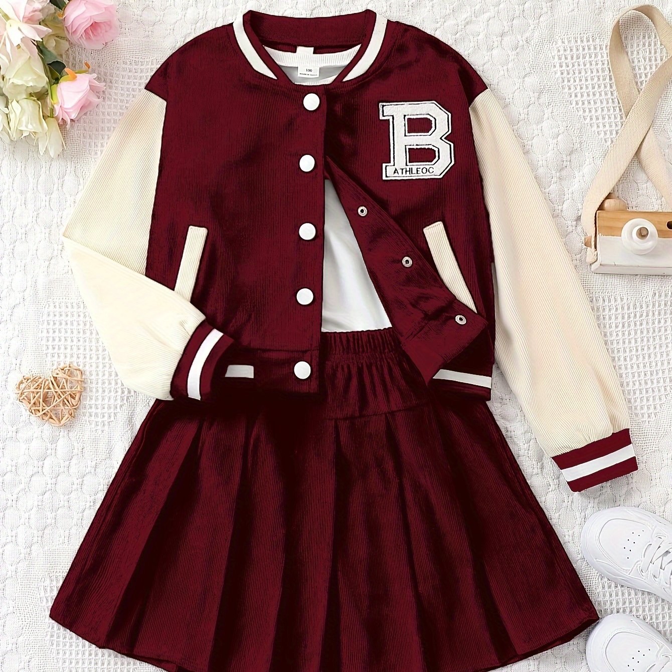 Girls 2-Piece Corduroy Long Sleeve Jacket and Pleated Skirt Set for Fall Winter