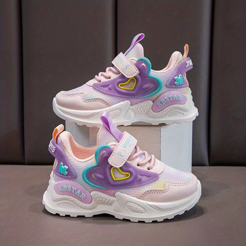 Girls Pink Casual Sneakers with Heart and Star Design Breathable Lightweight All-Season