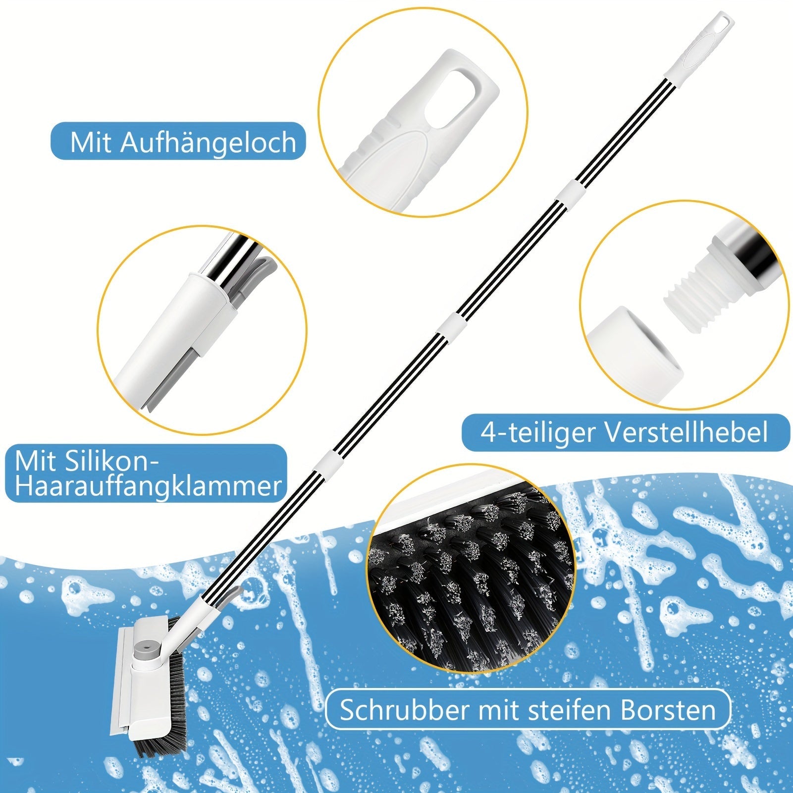 Uzoqroq cho'ziladigan pol tozalash cho'tkasi, zanglamaydigan po'latdan yasalgan tutqichi - hammom, oshxona, patio va plitka yuzalarini tozalash uchun mukammal.