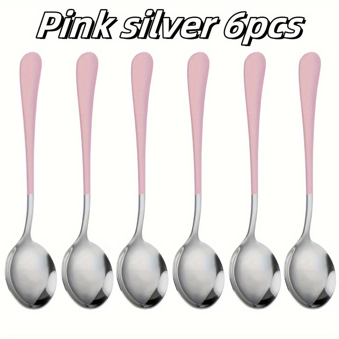 Set of 6 Long-Handled Stainless Steel Spoons for Coffee and Desserts in Multiple Colors