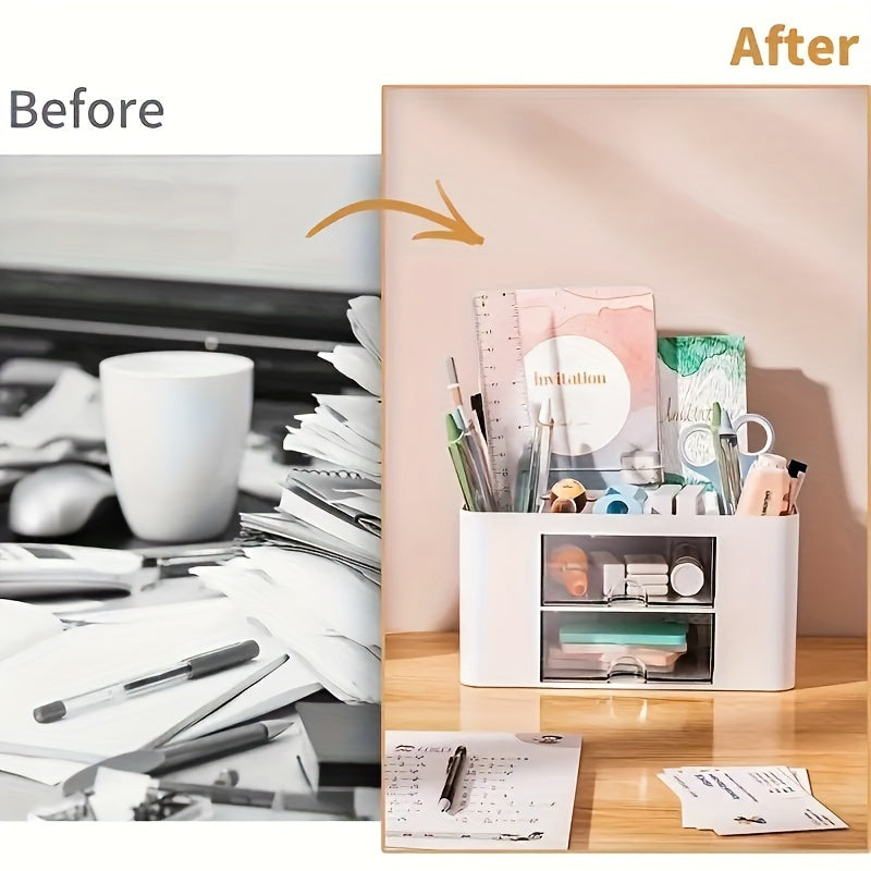 Multifunctional Desktop Organizer with Two Drawers for Office Supplies and Vanity Storage