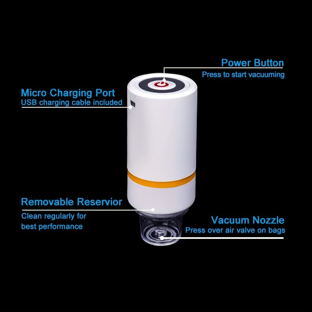 Портативный ручной вакуумный упаковщик с функцией перезарядки через USB и технологией воздушного клапана для сохранения фруктов и овощей. Идеально подходит для хранения в домашней кухне благодаря компактному дизайну. Прочный