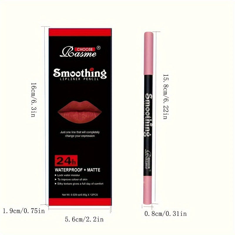 Set de 12 lápices de perfilador de labios mate en tonos mocha surtidos para contornear y definir los labios