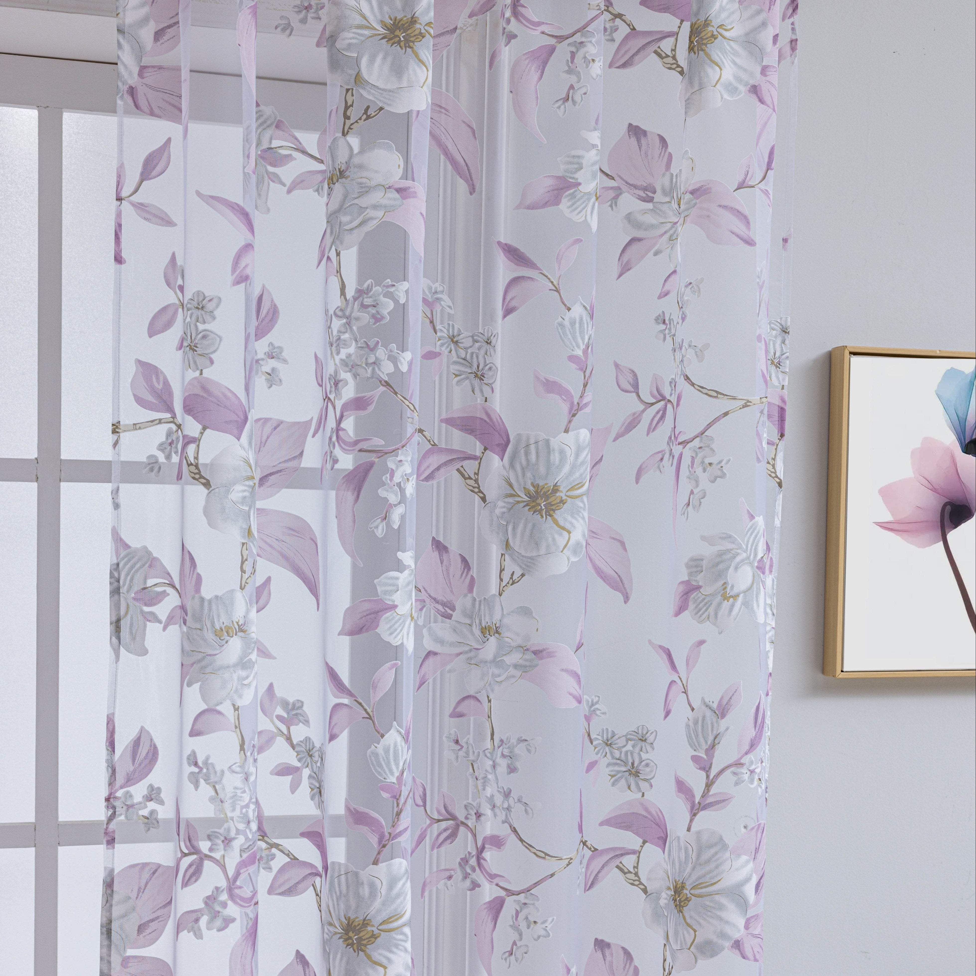 Sheer Curtains for Living Room and Bedroom Purple Floral Light-Filtering 1 Piece