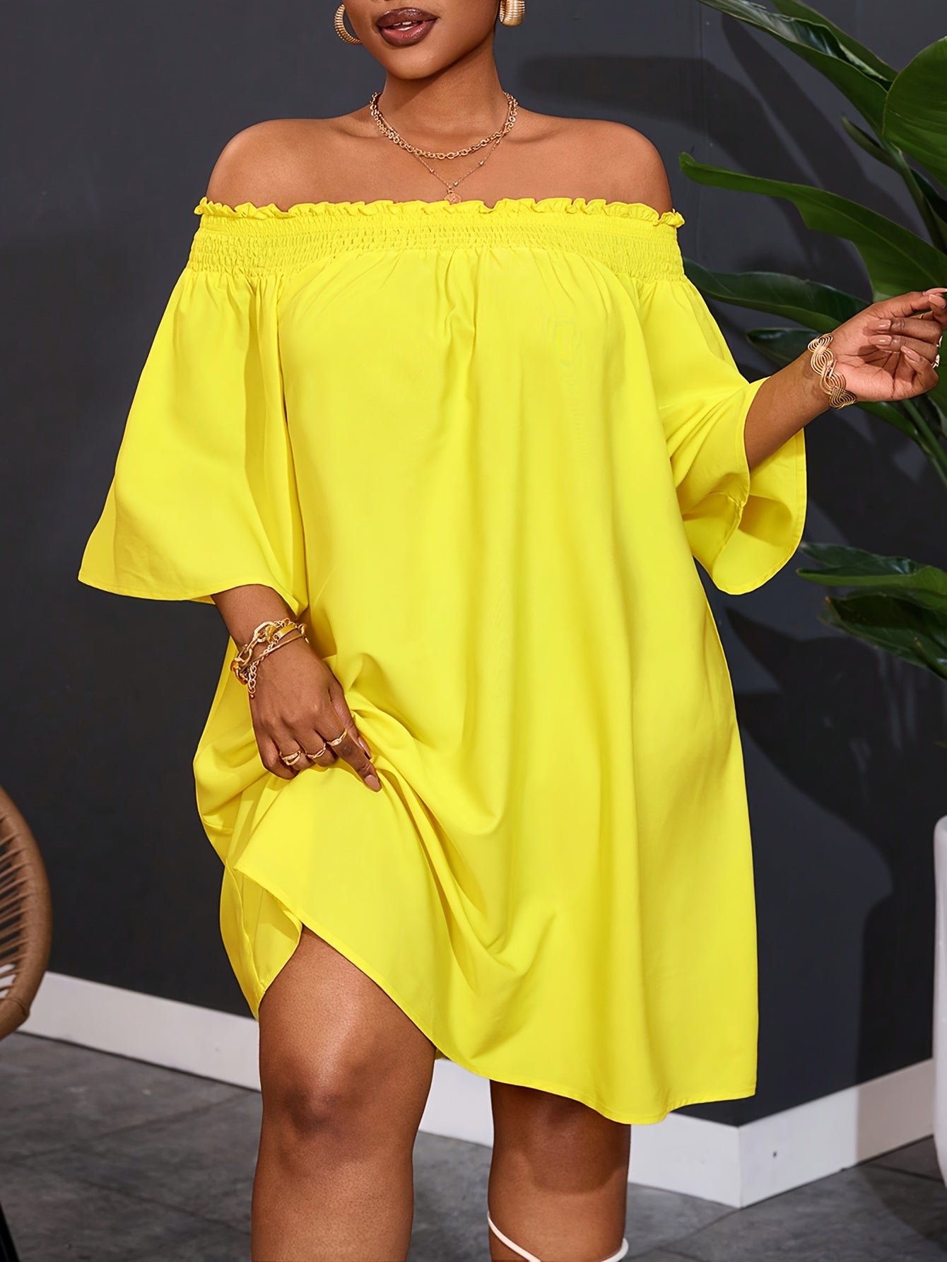 Plus Size Womens Off Shoulder Flared Hem Party Dress Yellow Casual Summer