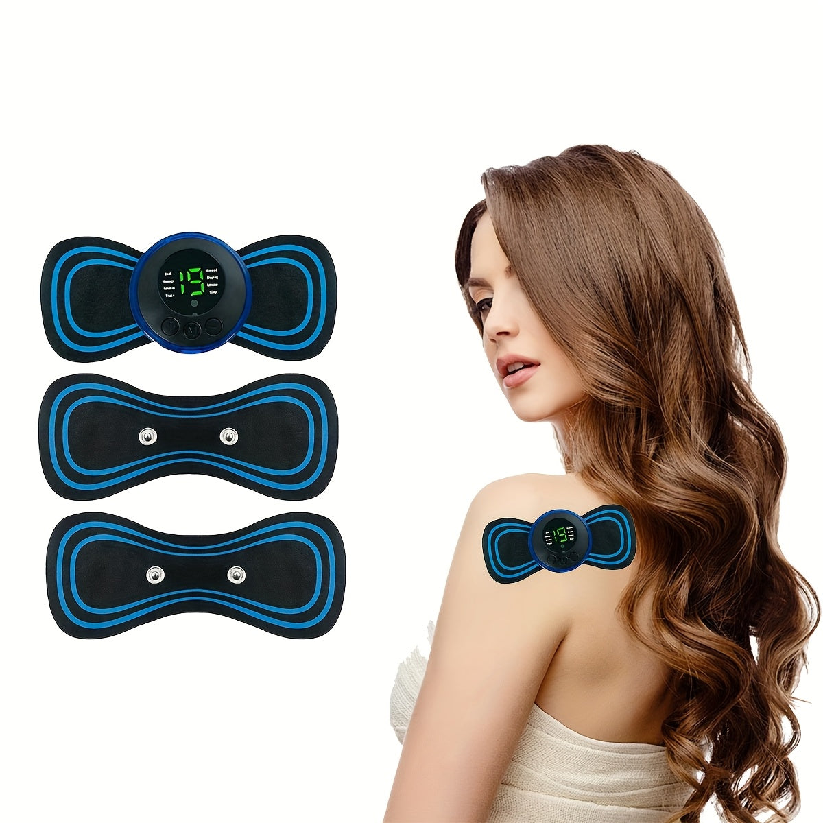 8 rejim, 19 intensivlik, 3 aksessuar bilan elektron mushak massajchisi, uy yoki ofisda foydalanish uchun sovg'a sifatida ideal.