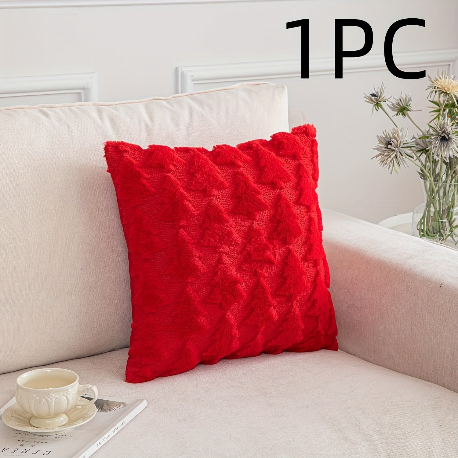 Christmas Tree Pillow Cover Faux Fur Jacquard 45.72cm Zippered Washable Home Decor