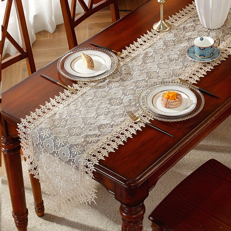 Polyester Table Runner with White Embroidery Flowers and Lace Edge for Dining or Room Decor