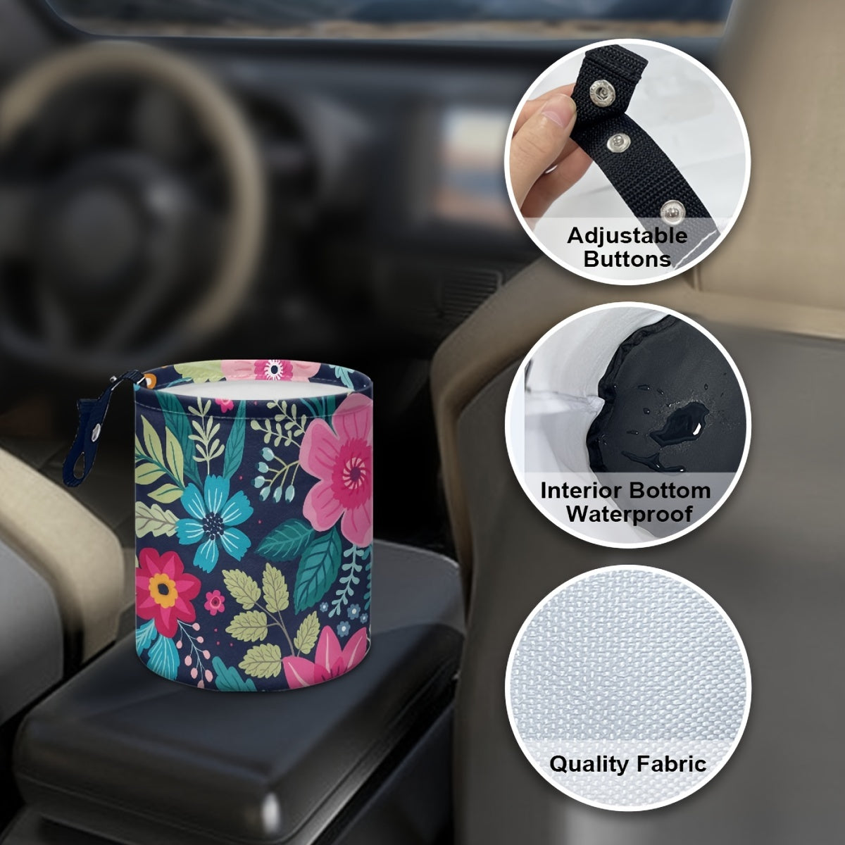 Pink Flowers Car Trash Can Dustbin for Travel and Interior Storage