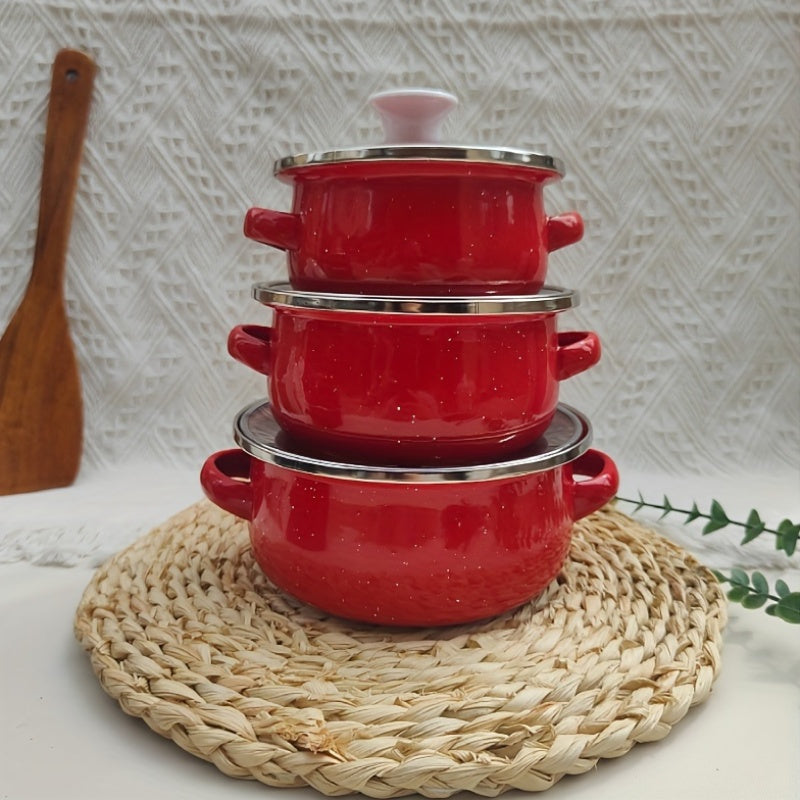 Enamel Cookware Set Includes 3 Mini Pots 12/14/16cm Solid Color Speckled Design