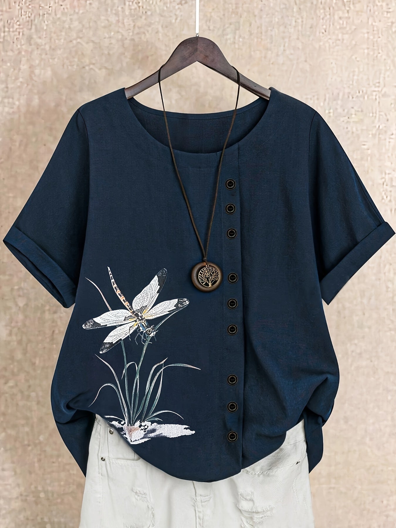 Plus Size Orange Dragonfly Print Shirt with White Floral Design Loose Fit Crew Neck Casual Women