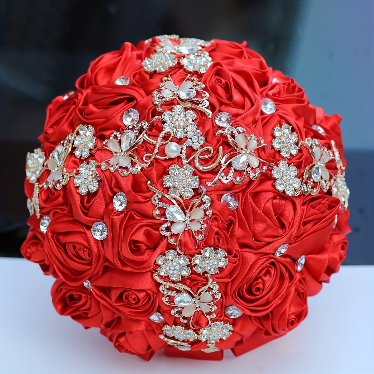 Zarif Satyn Roʻza Toʻy Güllasi, Sunʼiy Kristal Detallari va Rhinestone Lentasi bilan