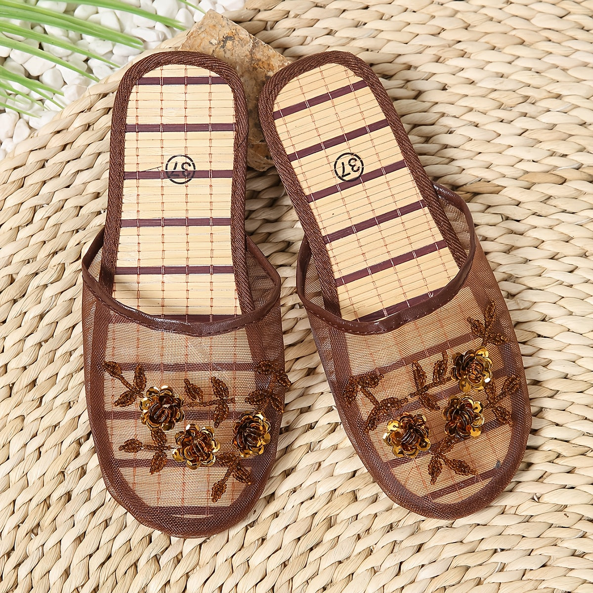 Women's Floral Mesh Slide Sandals Leather Flat Comfortable Summer