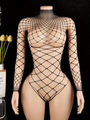 Women's Mesh Fishnet Bodysuit with Hollow-Out Design and Non-Transparent Polyamide Elastane
