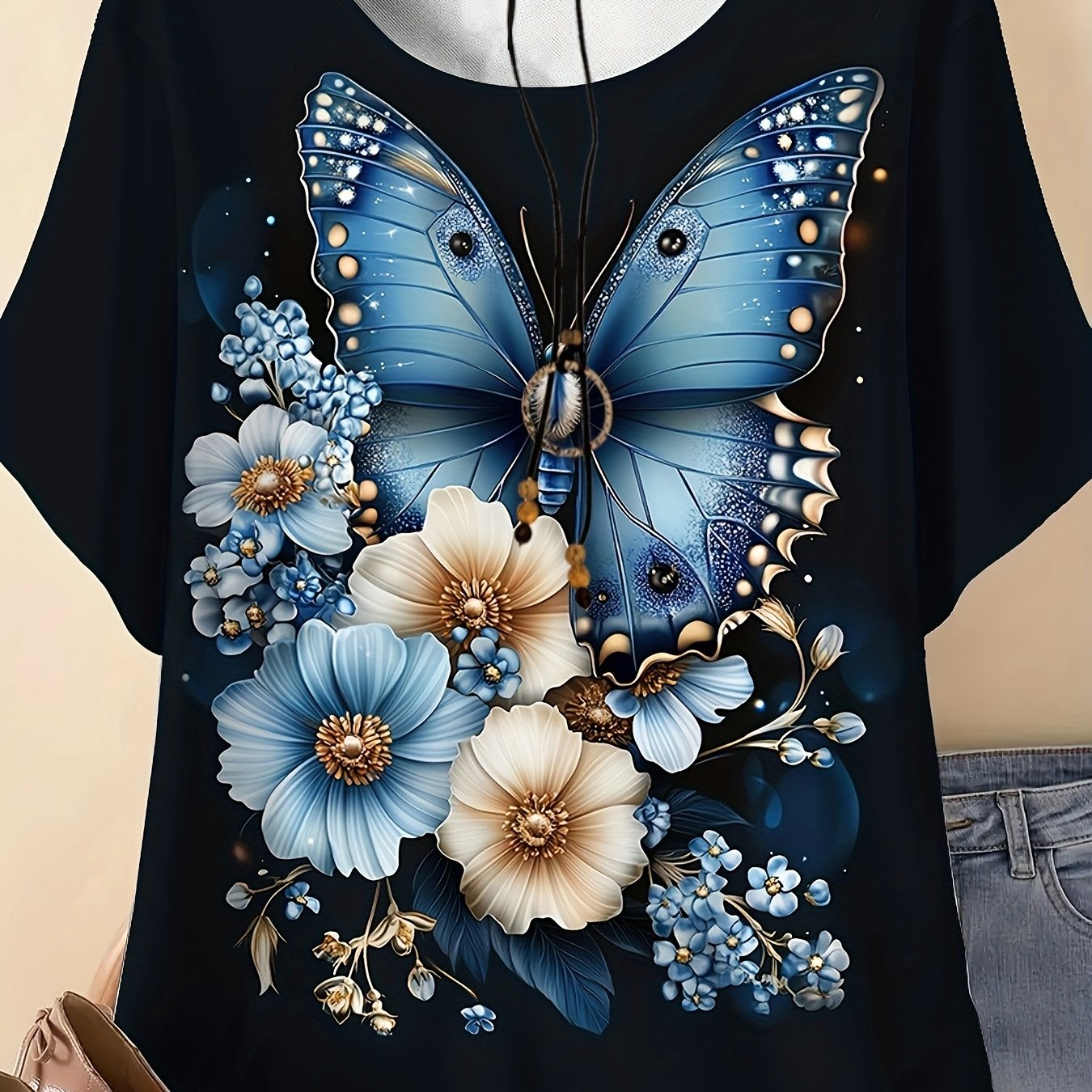 Plus Size Women Floral Print T-Shirt Crew Neck Short Sleeve Summer Top