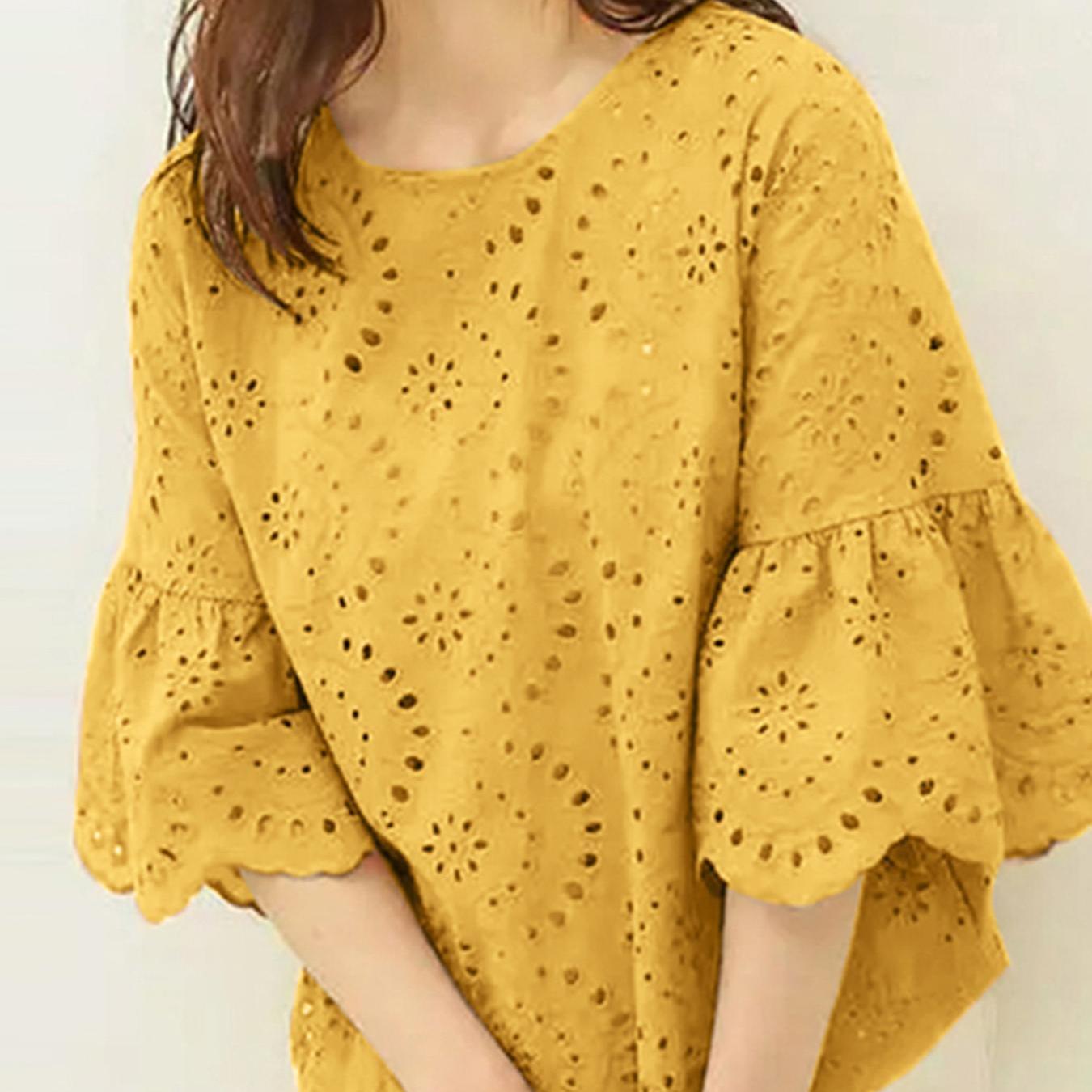 Plus Size Women's Casual Cotton Blouse with Eyelet Embroidery and Flared Sleeves