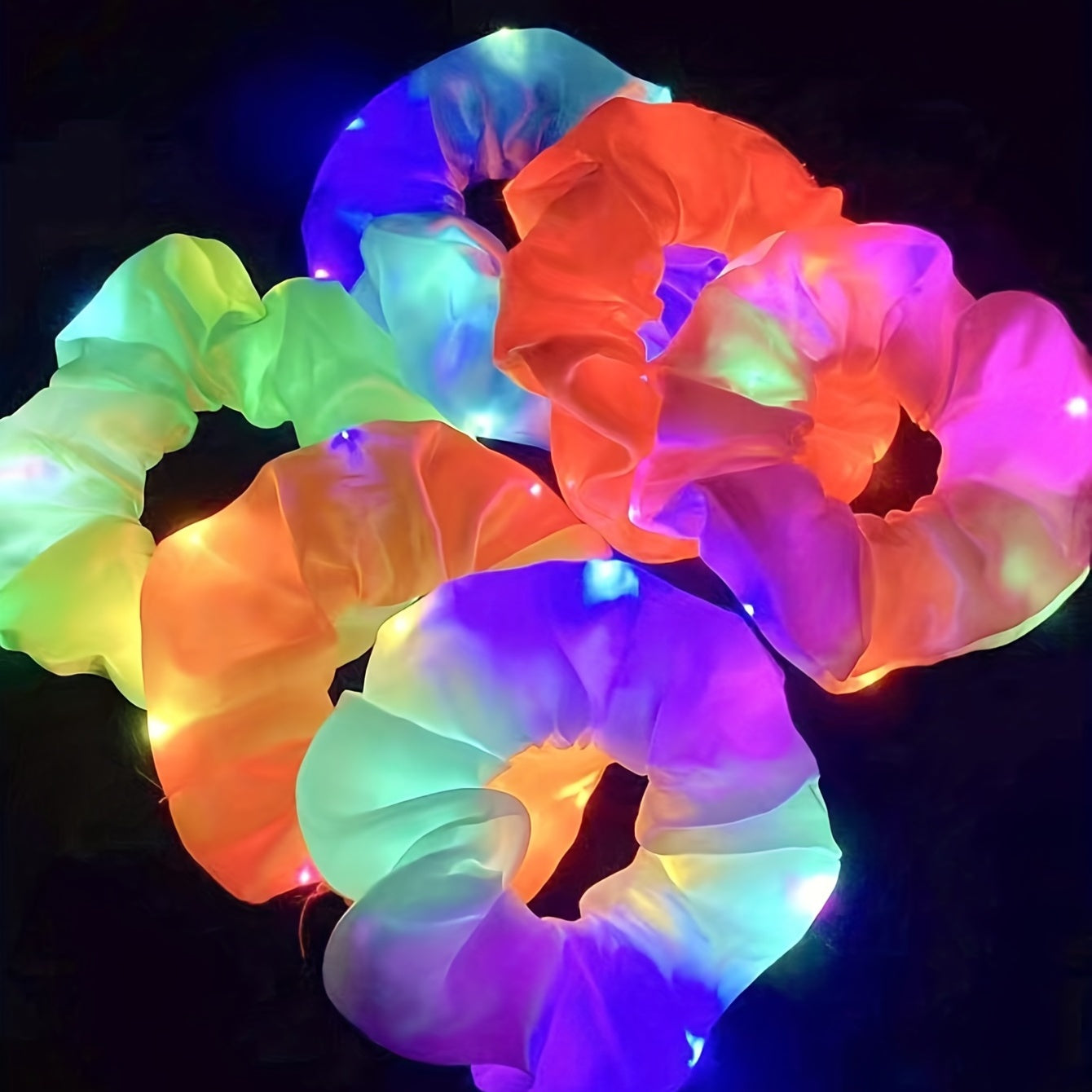 Set of 6 Neon LED Hair Scrunchies in Various Colors Light Up Hair Ties for Women at Parties and Festivals