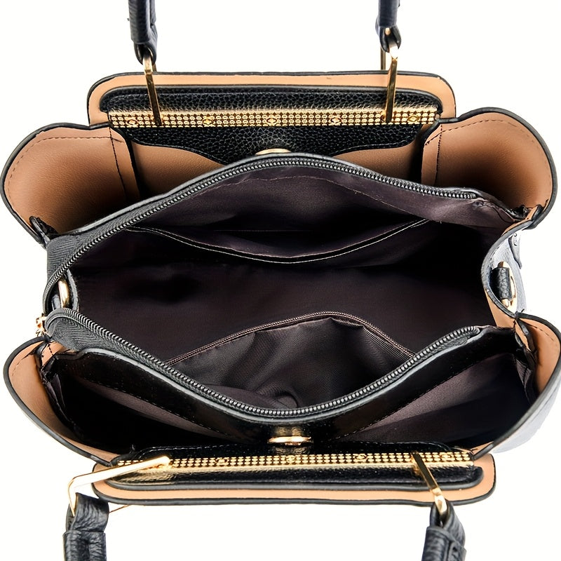 Women's Black Faux Leather Handbag with Detachable Shoulder Strap and Anti-Theft Design