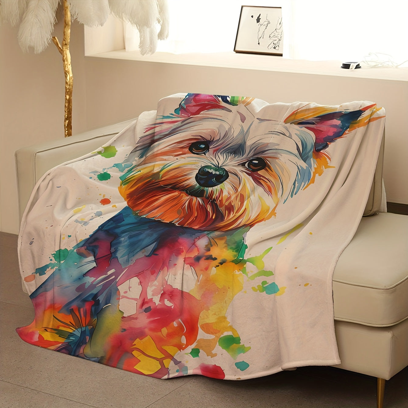 Coral Fleece Throw Blanket with Dog Print Digital Polyester Knitted Home Decor