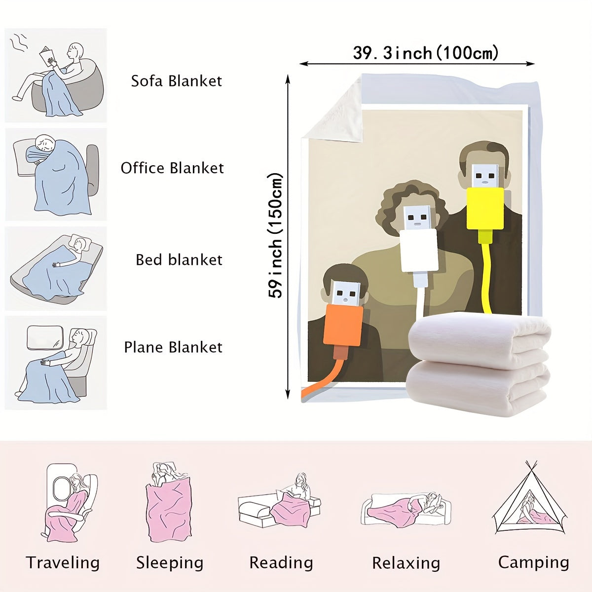 Soft Plush Throw Blanket USB Powered Cozy Warm for Office Living Room Bedroom