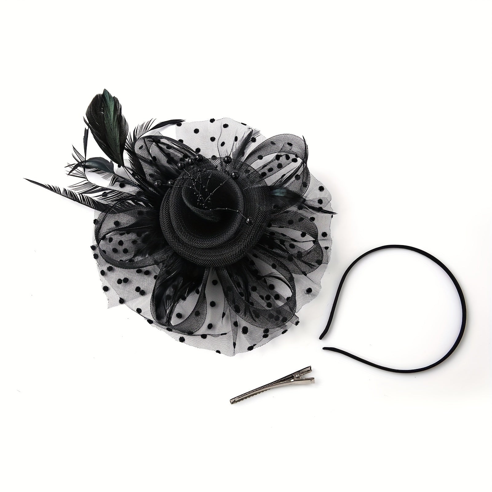 Black Yarn Pillbox Fascinator Hat with Mesh Veil and Fiber Feather for Women