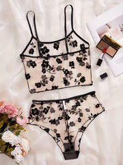 Women's Black Mesh Garter Bra Set with Pure Desire Print