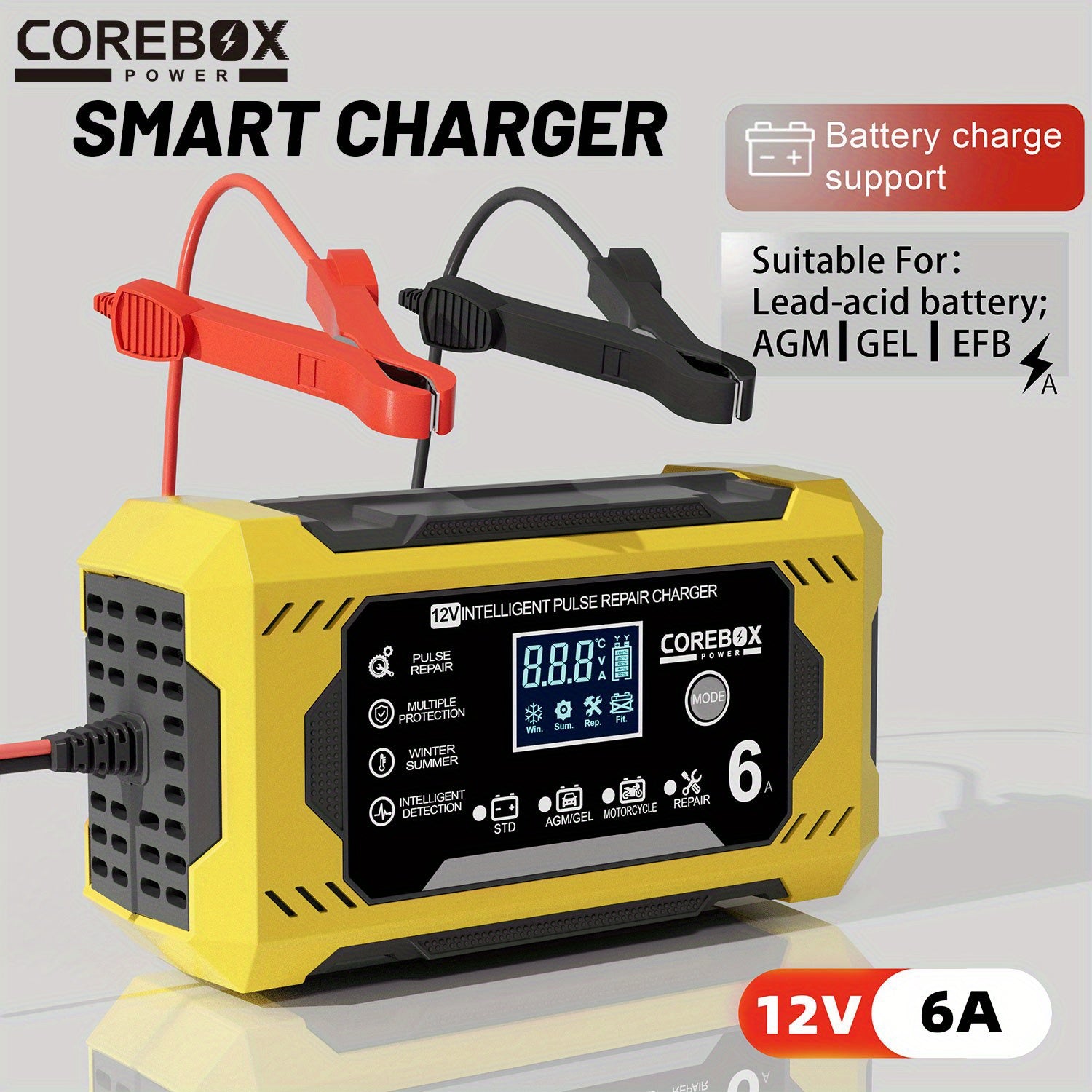 12V 6A Liderli kislota batareyasini zaryadlovchi LCD displey bilan, transport va texnika uchun