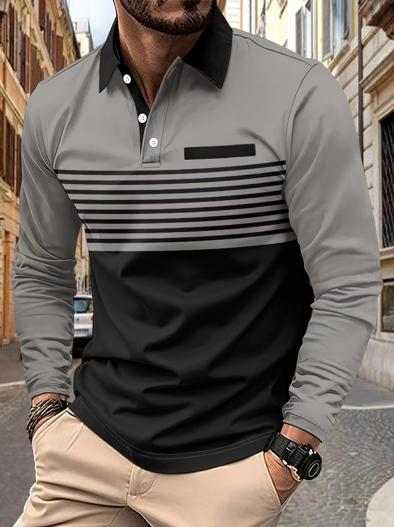 Camisa de golf de manga larga para hombre con bloque de colores, patrón a rayas y ligero estiramiento