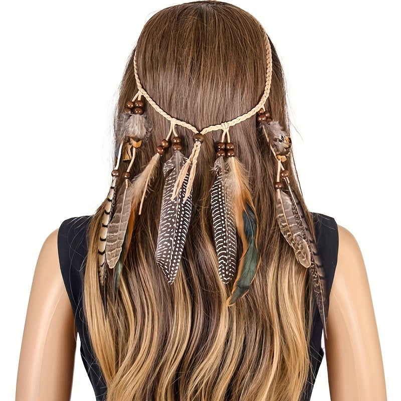 Bohemian Peacock Feather Headband with Tassels for Women