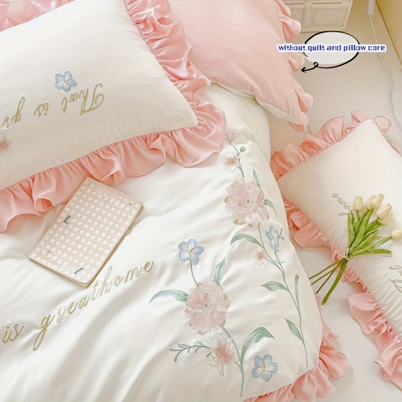 Элегантный вышитый комплект постельного белья с кружевным чехлом на пуховик и наволочками