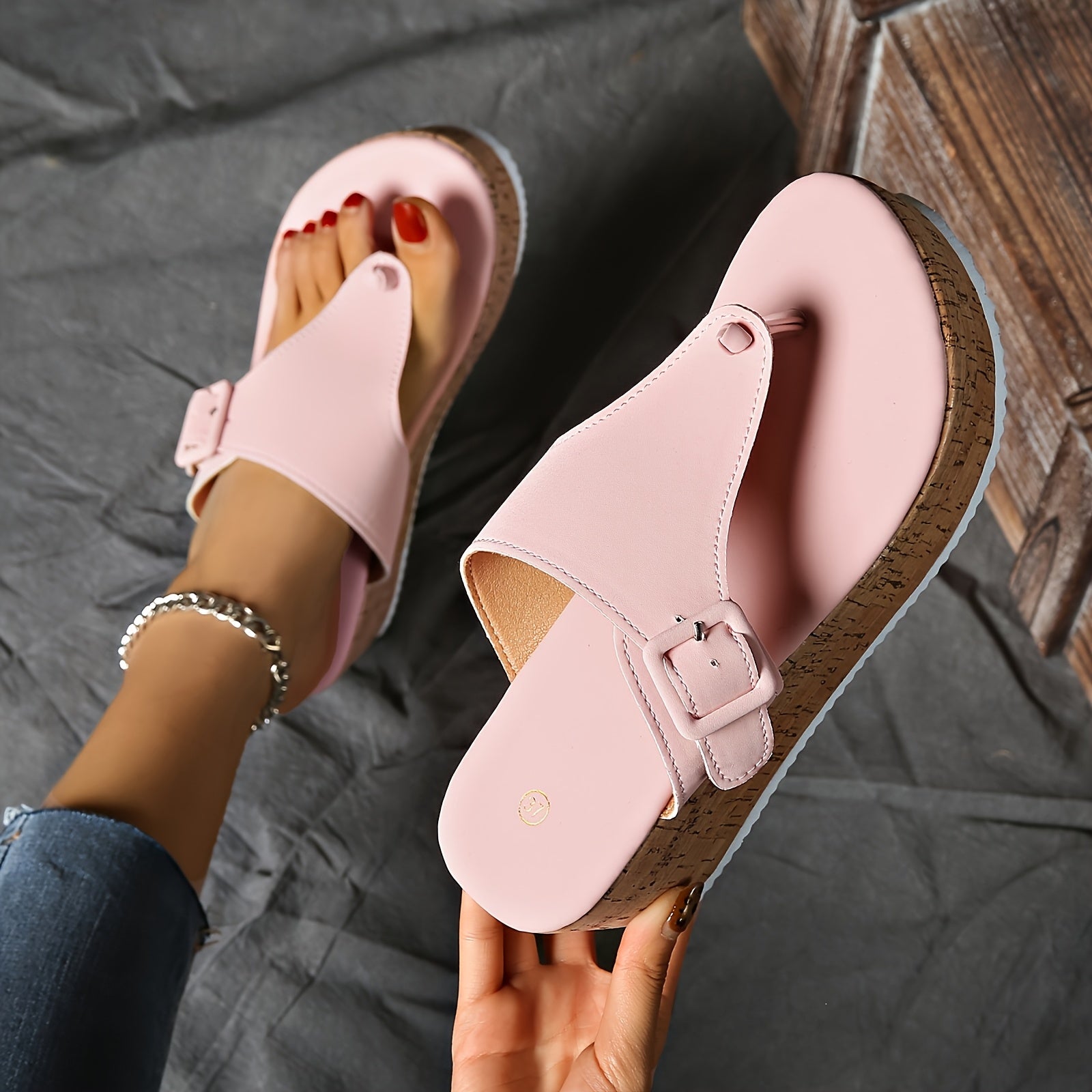 Women's Casual Wedge Heel Sandals with Flip Flop Strap and Solid Color