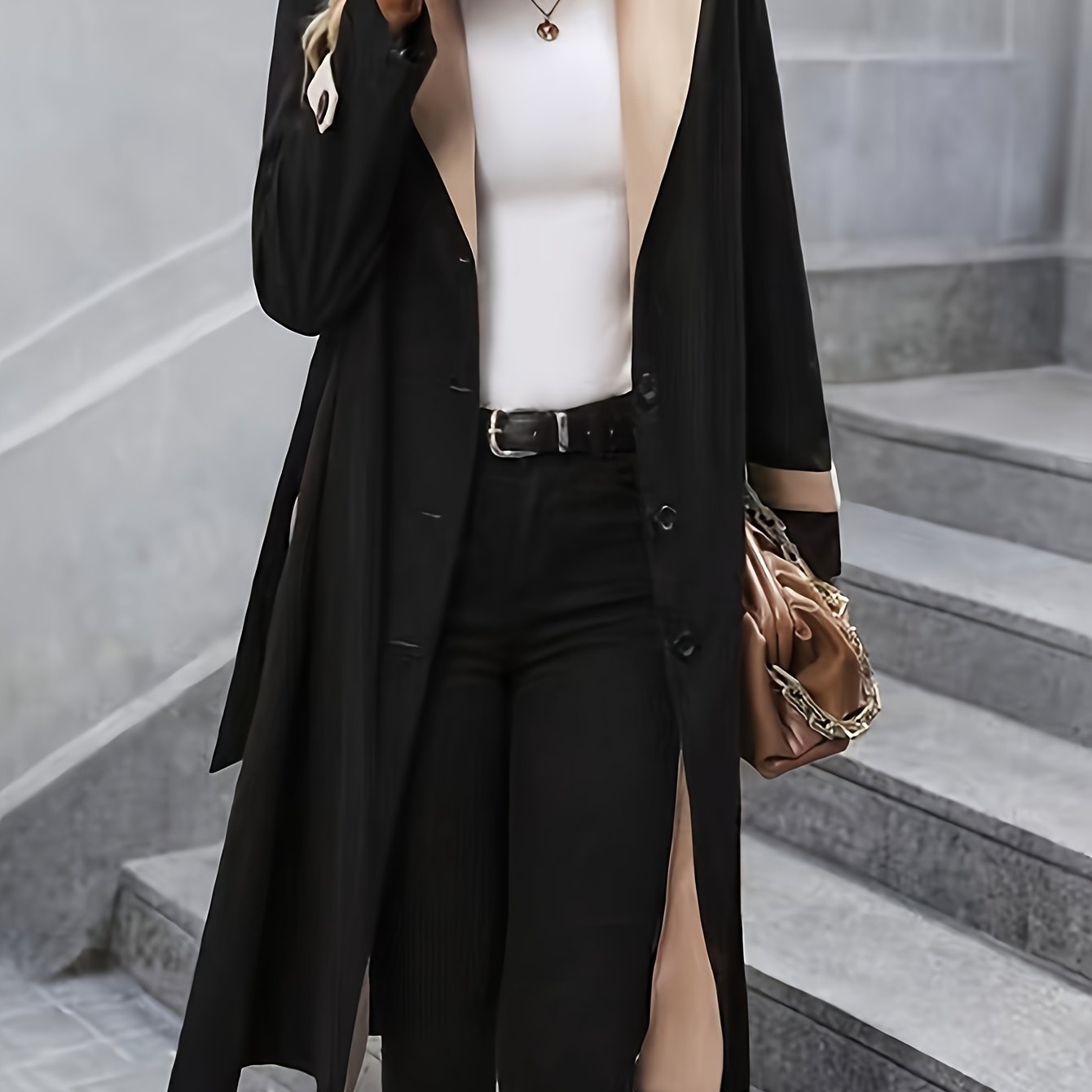 Women's Long Coat Autumn Winter Contrast Color Solid Pattern Woven Polyester Outerwear