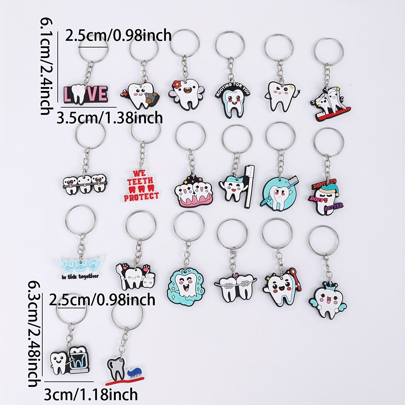 Set of 20 Cartoon Teeth and Dental Tools PVC Keychains for Kids and Adults