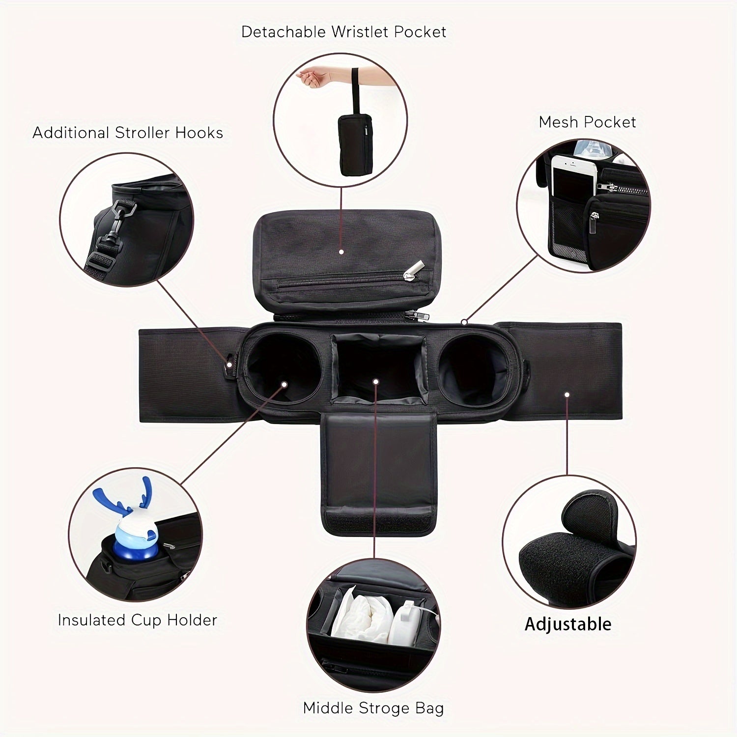 Katta saqlash quvvatiga ega osilgan aravacha sumkasi, saqlash savati, aravachalar uchun universal aksessuar sumkasi