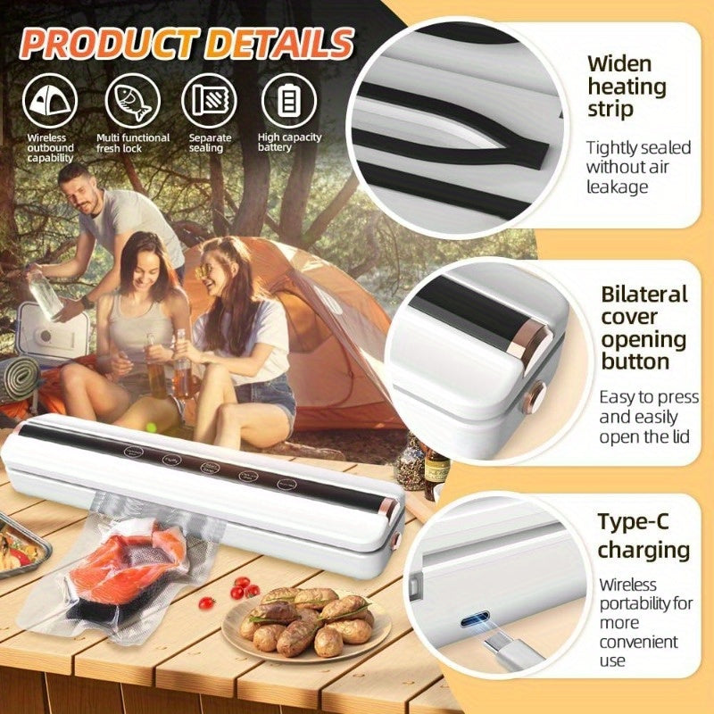 Uy va tashqarida sayohat qilish uchun qayta to'ldiriladigan simsiz vakuum yopishtiruvchi, avtomatik chiqarish, ho'l/quruq foydalanish, 10 ta vakuum paketlari, 1500mAh batareyali. Oziq-ovqatni saqlash va sayohat uchun ideal.