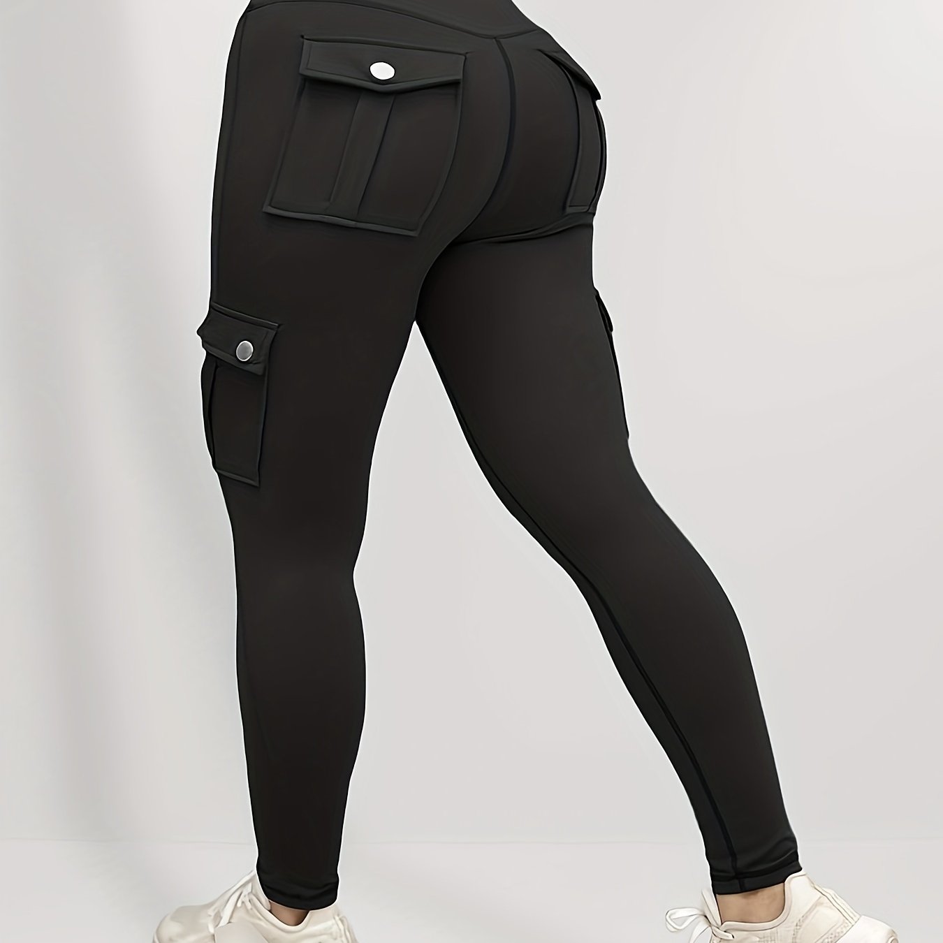 Leggings casual de talla grande para mujer, de color sólido, de poliéster elástico con elastano