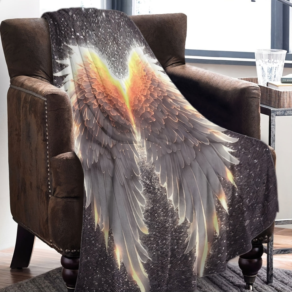 Glowing Wings Print Flannel Blanket Soft Cozy Polyester Throw for Sofa Bed Travel